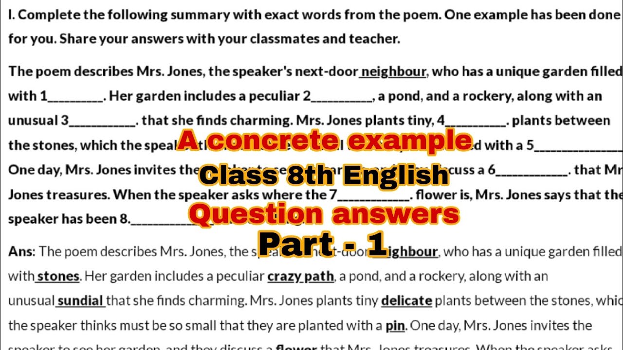 A concrete example | Class 8th English unit 1 poem question answers | Full explanation in hindi 