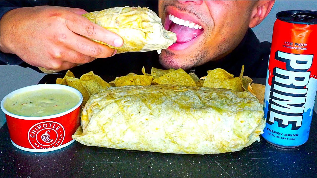 ASMR MUKBANG CHIPOTLE GIANT BURRITOS CHIPS CHEESE BIG BITES 먹방 PRIME DRINK