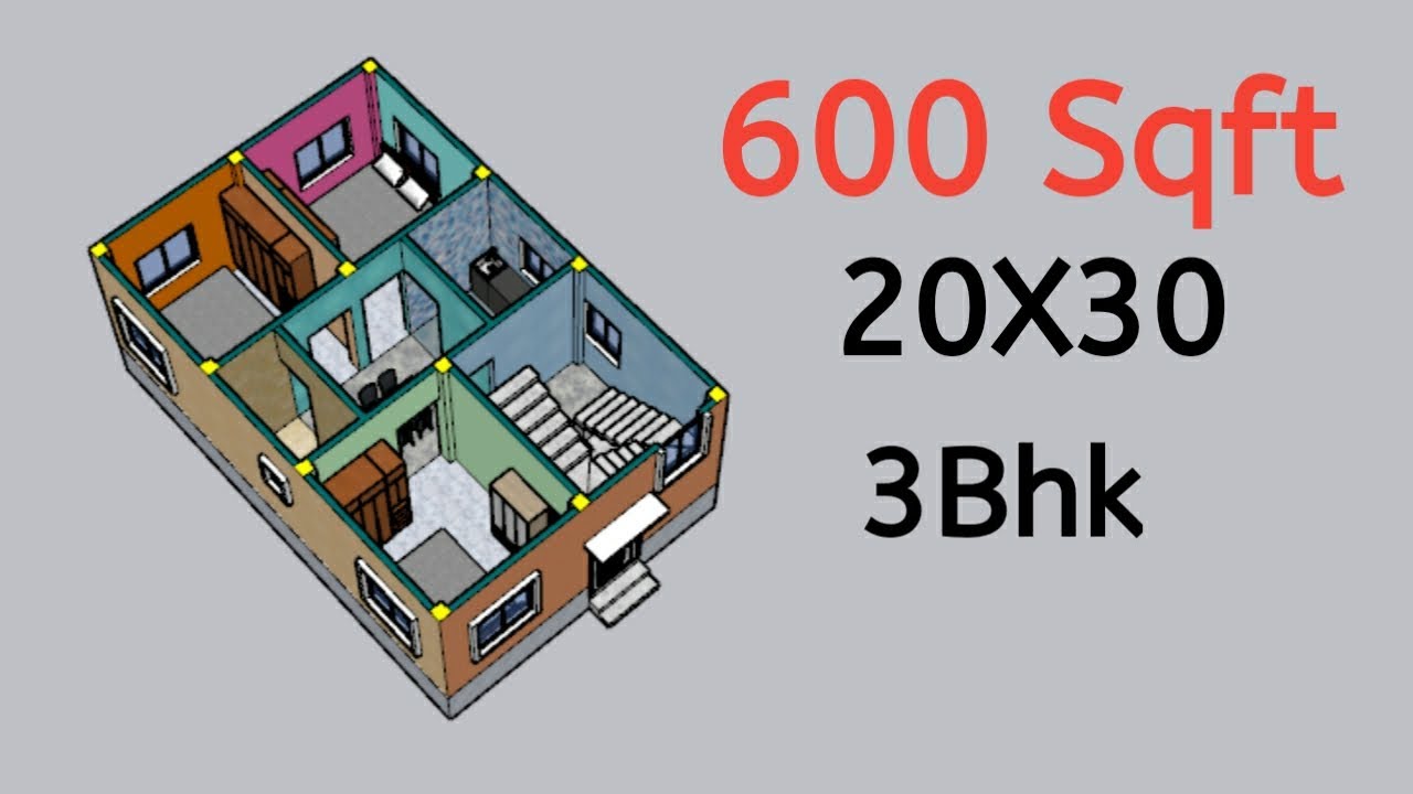 600 Sqft 3Bhk House Design With 3d View ll 20X30 House Plan ll 20X30 ...