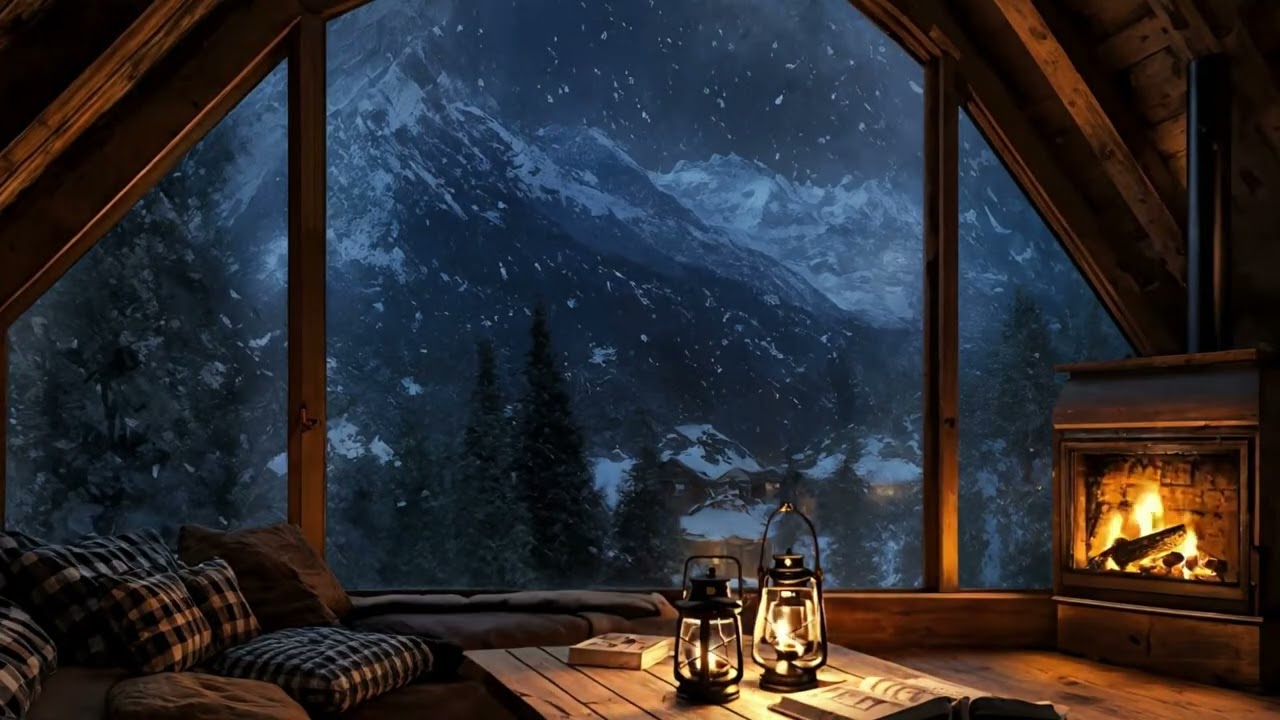 Cozy Winter Cabin Fireplace ❄️ Crackling Fire & Mountain Night Ambience