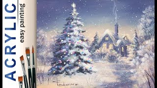 christmas tree acrylic paint landscape tutorial painting easy winter paintings demo tutorials trees