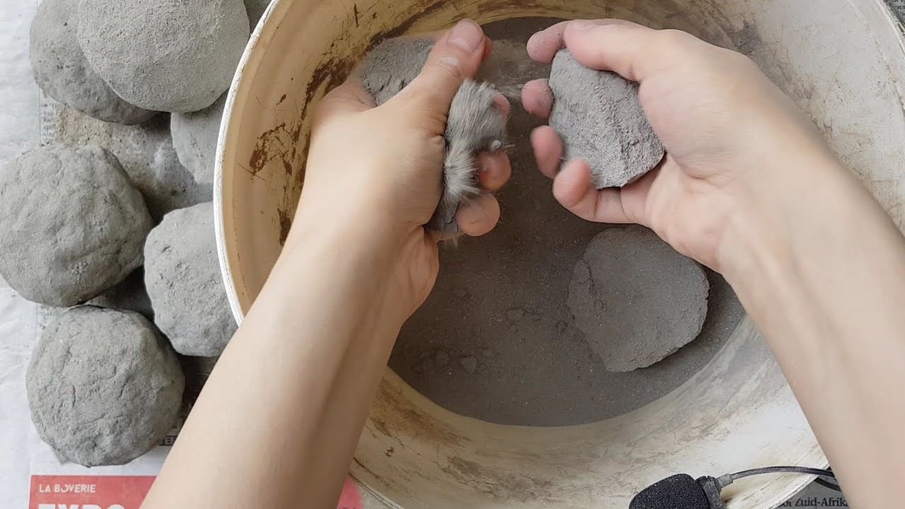 ASMR - dusty soft cement balls crumble in bucket + sifting and dusting