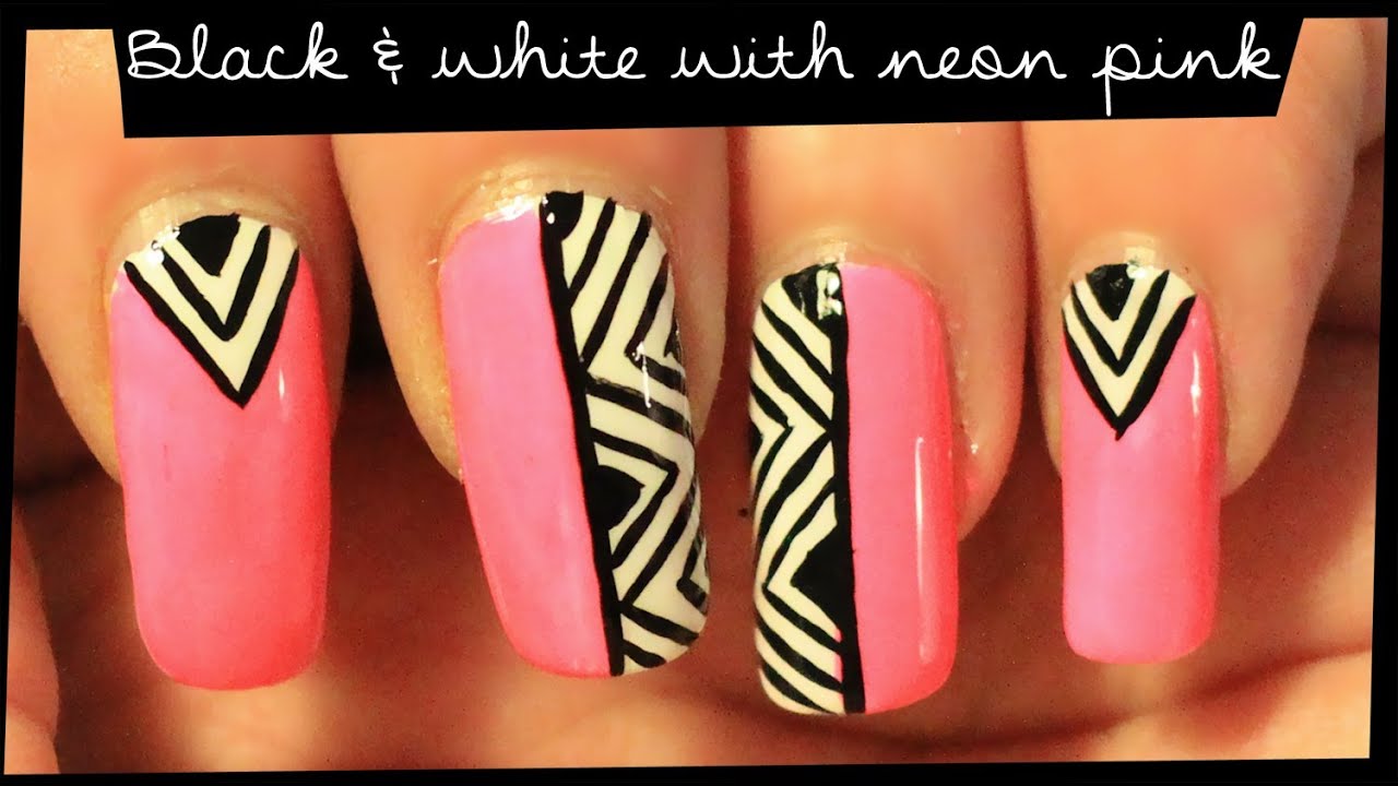 Black & White with Neon Pink nail art