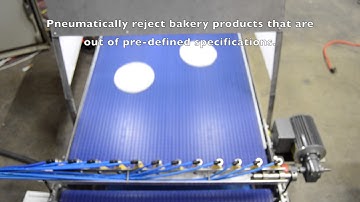 Ad-on vision system for bakery production lines, size /shape inspection and rejection.