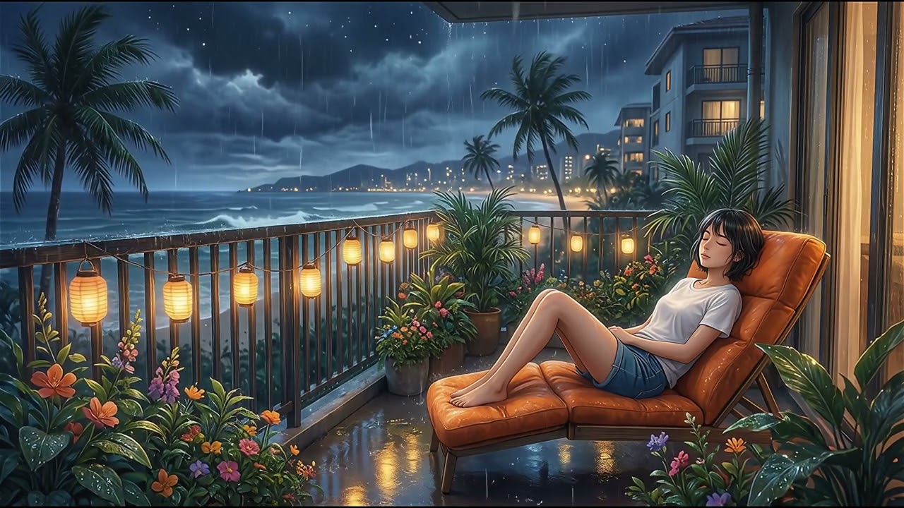 Soft Rainfall and Lonely Piano Notes Drifting Across a Midnight Balcony