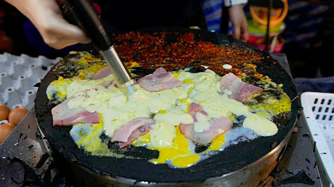 Thailand Street Food - CHEESY HAM AND EGG BLACK CREPE Bangkok | Travel Thirsty