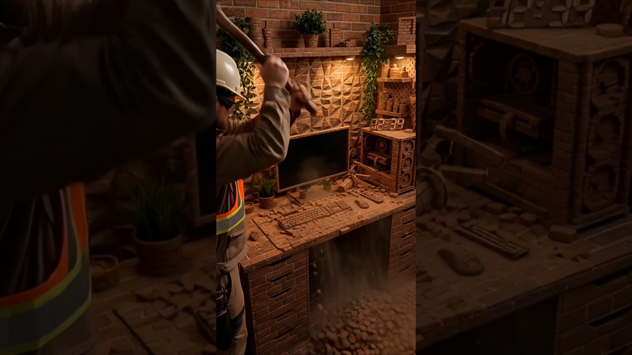 He destroyed a brick office with a sledgehammer pure realistic ASMR destruction 