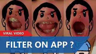A woman wearing a wide mouth filter with a human face on a social media app screenshot 5