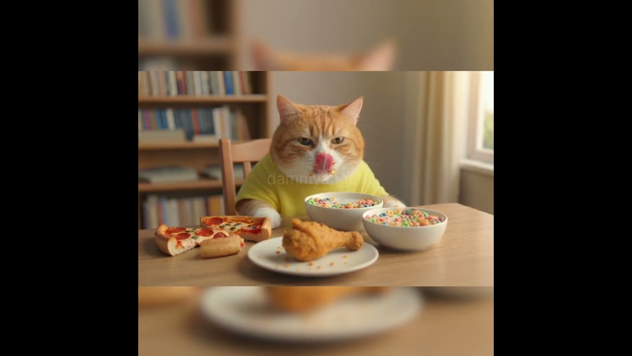 kitty eating meat and noodles 