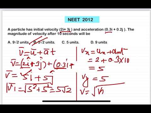 NEET 2013: A particle has initial velocity (2i+ 3j ) and acceleration (0.3i + 0.2j ). The magnitude 14 NEET 2013: A particle has initial velocity (2i+ 3j ) and acceleration (0.3i + 0.2j ). The magnitude