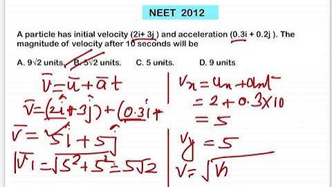 NEET 2013: A particle has initial velocity (2i+ 3j ) and acceleration (0.3i + 0.2j ). The magnitude