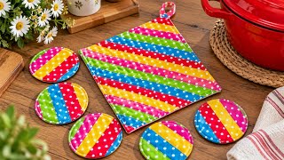 Turn Fabric Scraps Into a Pot Holder & Cute Coasters 🌈 Easy Sewing Idea