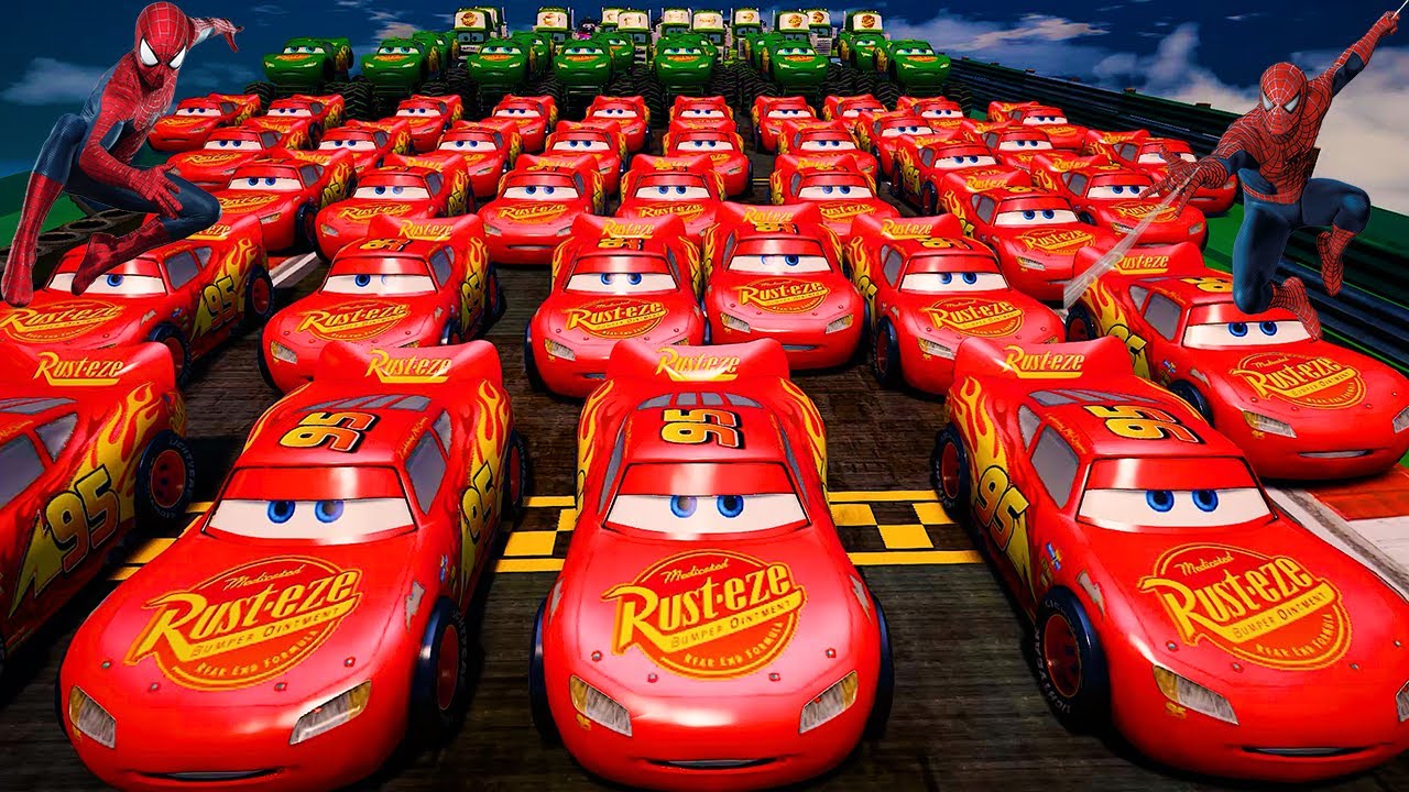 GTA 5 SPIDERMAN Cars Challenge Disney Cars Lightning & Monster McQueen Jackson Storm Dinoco TowMater