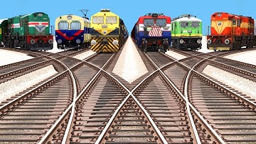 SIX TRAINS RUNNING ON BUMPY FORKED RAILROAD TRACKS | Railroad Crossing | Train Simulator