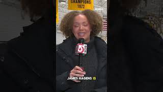 James Hagens talks to WCVB after first skate with Bruins
