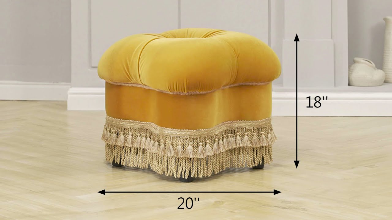 Ellen Upholstered Clover Ottoman with Gold Bullion Fringe, Navy