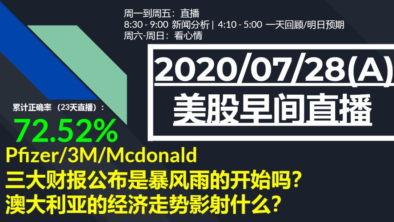 直播版美股07/28(A) Pfizer/3M/Mcdonald三大财报公布是暴风雨的开始吗？澳大利亚的经济走势影射什么？