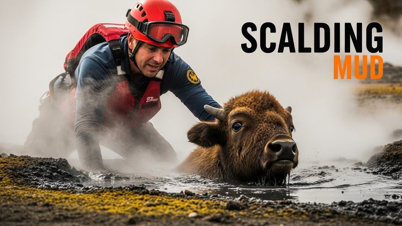 Невероятное спасение | Детёныш бизона тонет в обжигающей геотермальной паровой ловушке