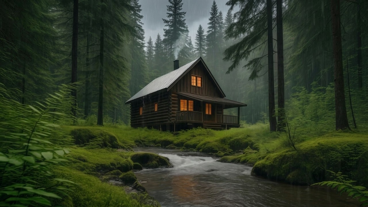 Rainy Forest Cabin by a Gentle Stream | Relaxing Rainy Nature Ambience ...