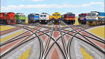 8 TRAINS CROSSING EACH OTHER AT BUMPY FORKED RAILROAD TRACKS : BeamNG.Drive | Train Simulator