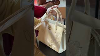 White Leather Work Handbag: Elegant Orchid Embroidery & Scarf Set