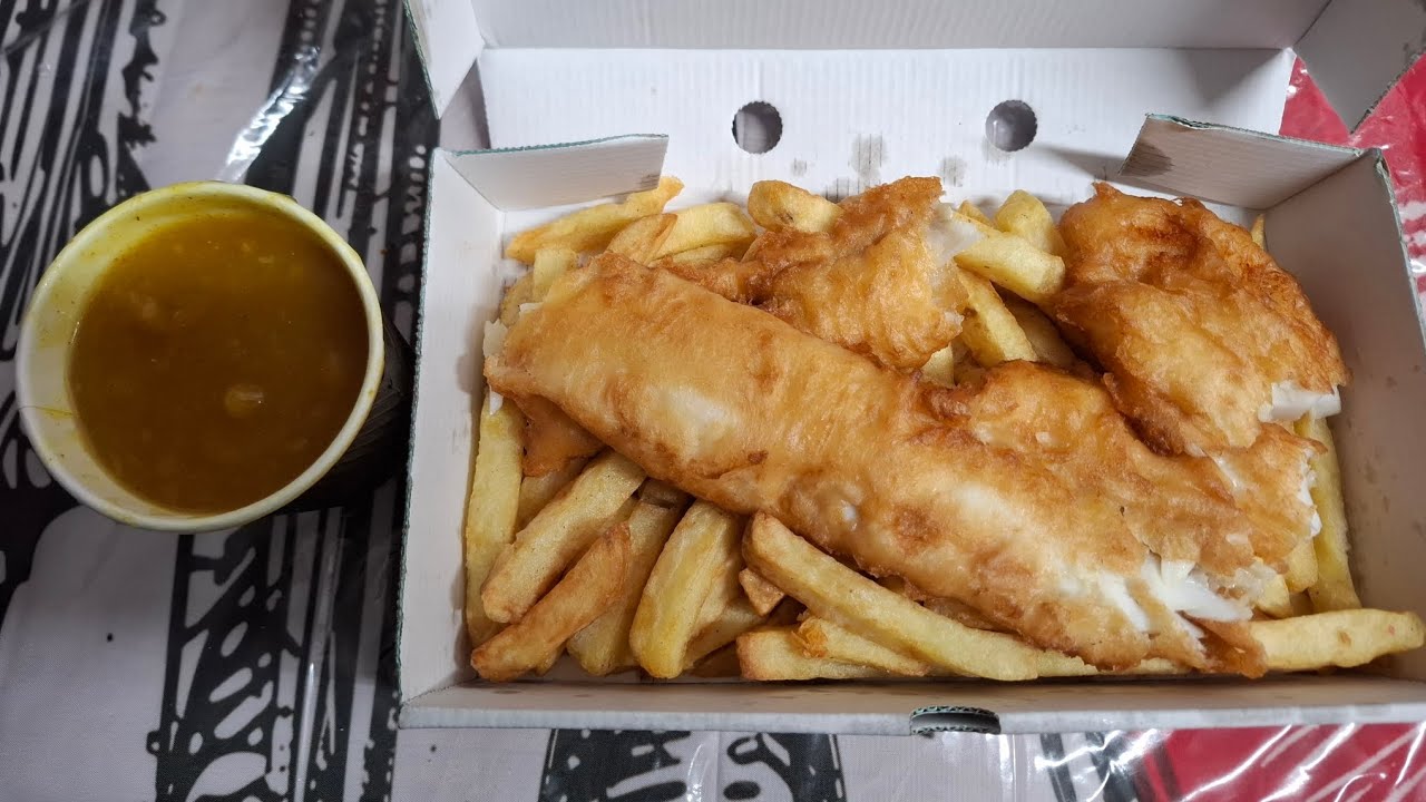 Fish and chips with curry sauce uk mukbang 