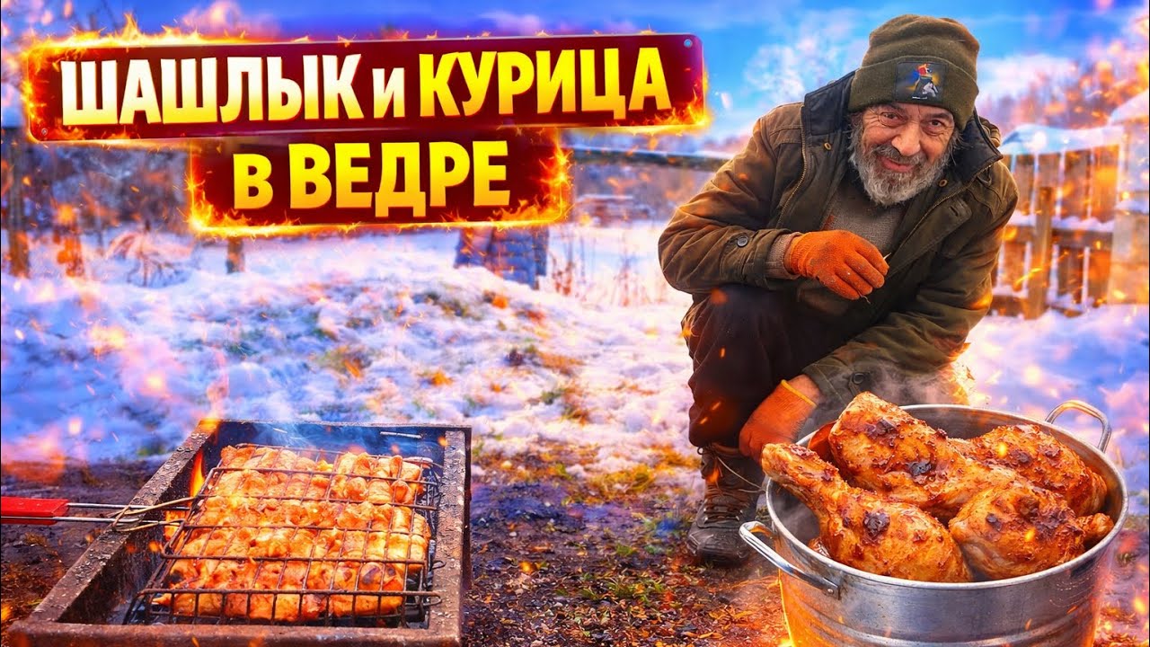 ШАШЛЫК ЗИМОЙ ❄️ | КУРИЦА В ВЕДРЕ 😱 Готовим на морозе