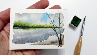 Easy ABSTRACT Watercolor river painting tutorial » How to paint a springtime pond landscape