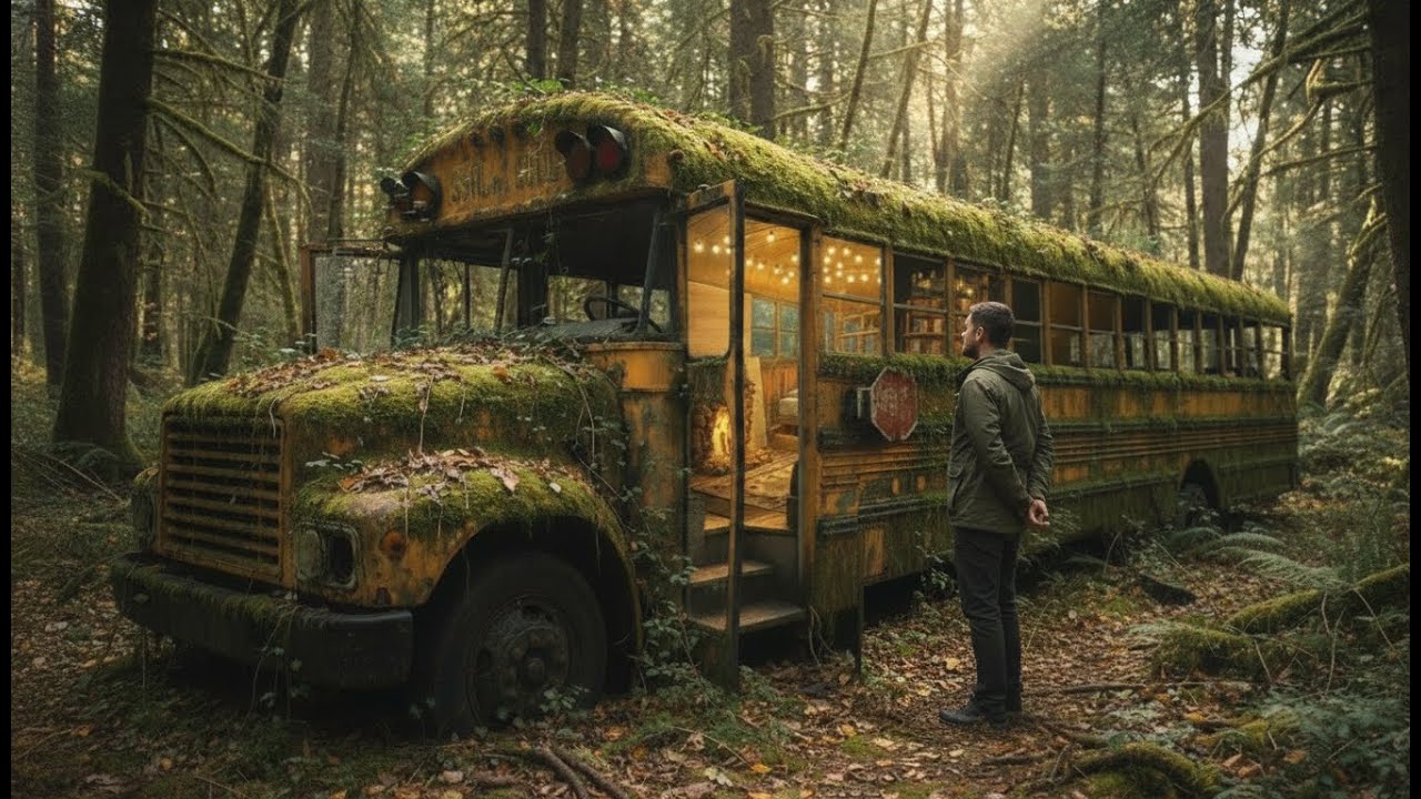 This man built a house inside an abandoned bus in the forest (ASMR)