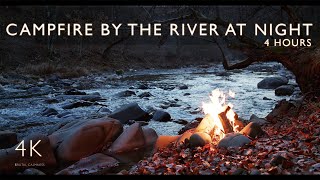 4 h  Campfire by the River at Night | Forest Life Sounds | Owls | Nature Sounds | ASMR Nature | 4K