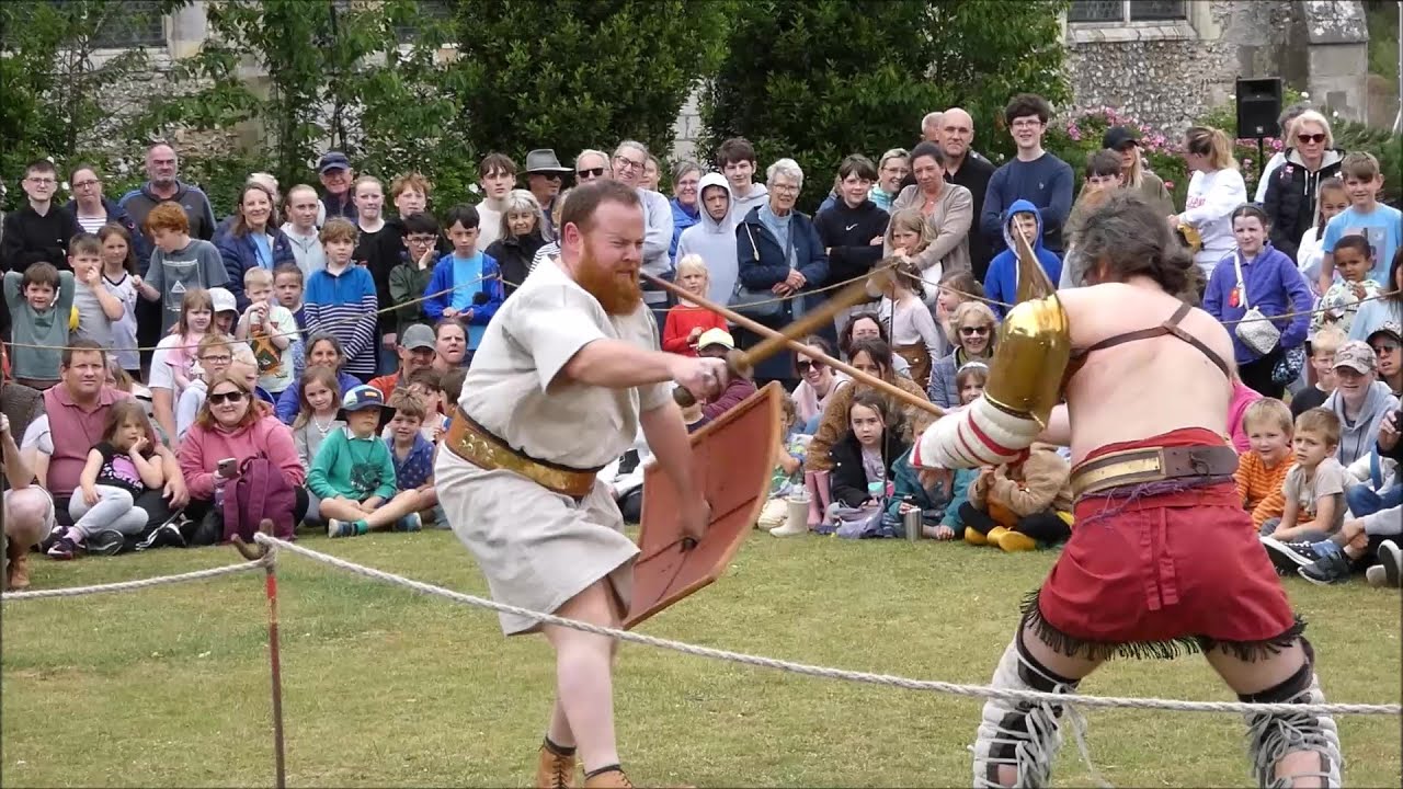 Gladiator practice (loser does press ups), by Legio Secunda Augusta; Chichester Roman Week 2025