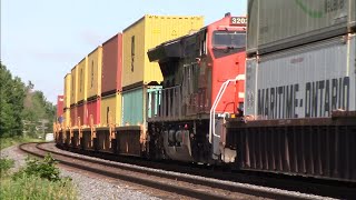 Monster Stack Train CN 121 w/DPU at Spicer, Ontario approaching Cobourg - Triple Track