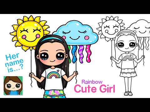 How to Draw a Rainbow Cute Girl Easy ????????????Holding Balloons - YouTube