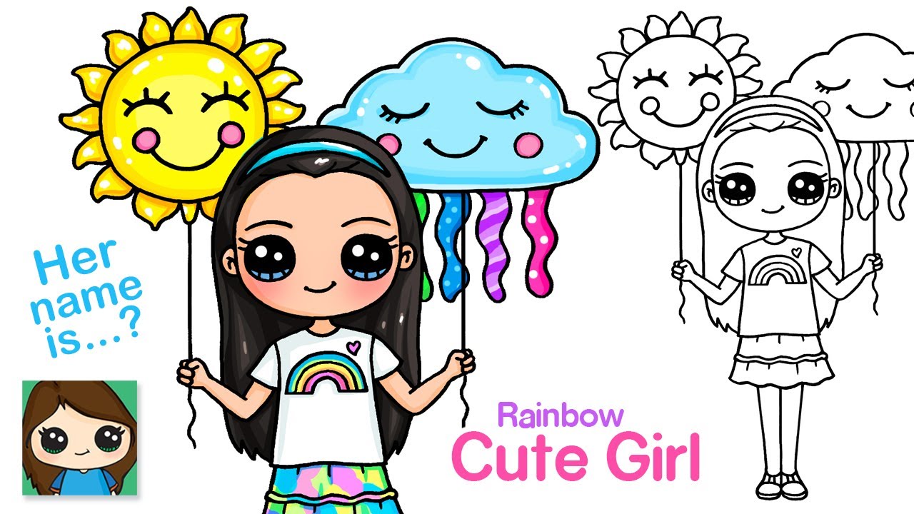 How to Draw a Rainbow Cute Girl Easy ????????????Holding Balloons - YouTube