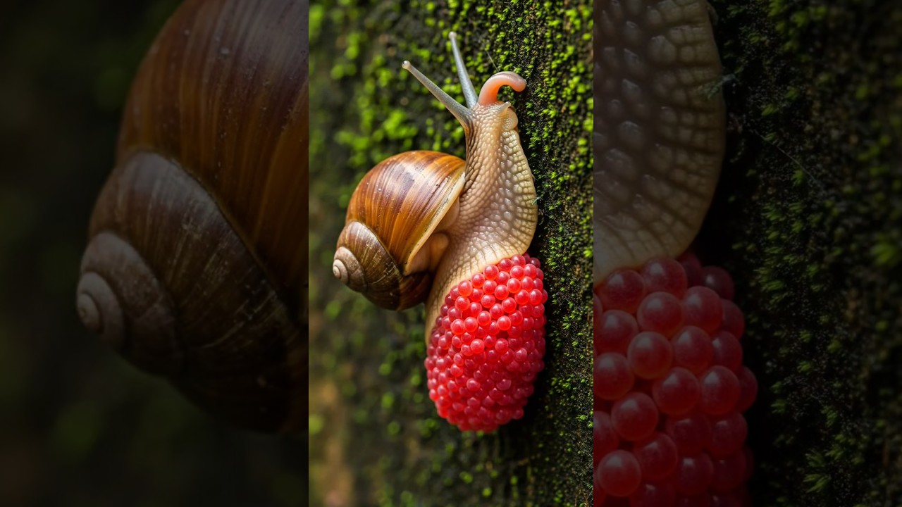 The mother apple snail carefully arranges her eggs after laying them 