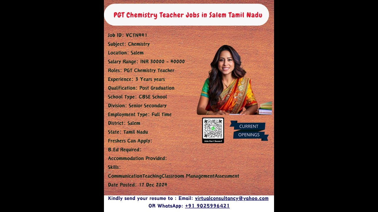 PGT Chemistry Teacher Jobs in Salem Tamil Nadu