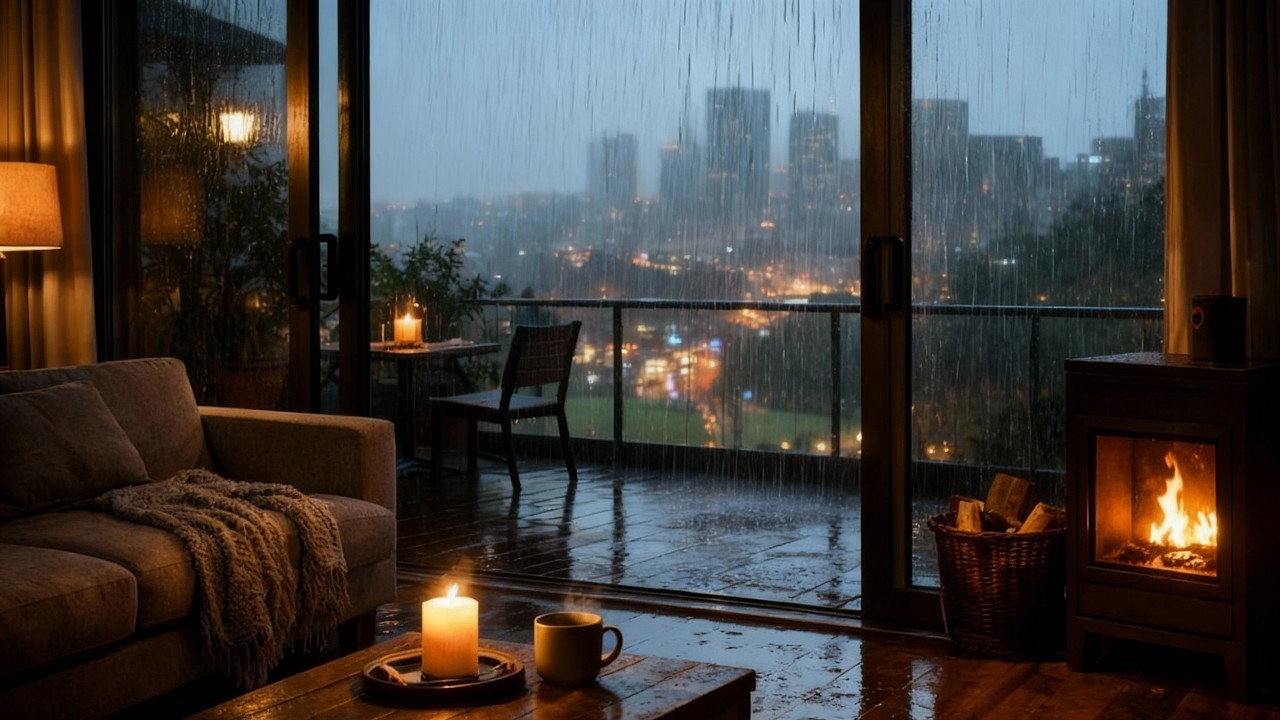 Rainy City Terrace — Warm Interior, Fireplace & Night Calm (2 Hours)