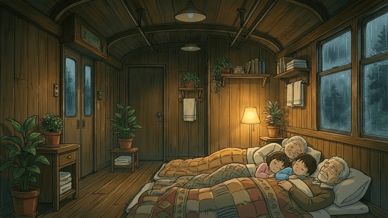 Living In A Recycled Bus Home In A Rainy Day | Cozy Family Life In The Forest | Studio Ghibli Style