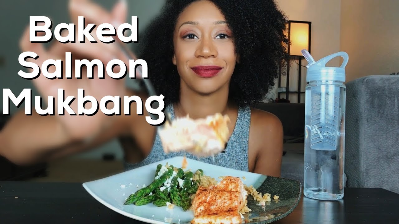 Baked Salmon of Desire, Asparagus and Rice Mukbang - YouTube