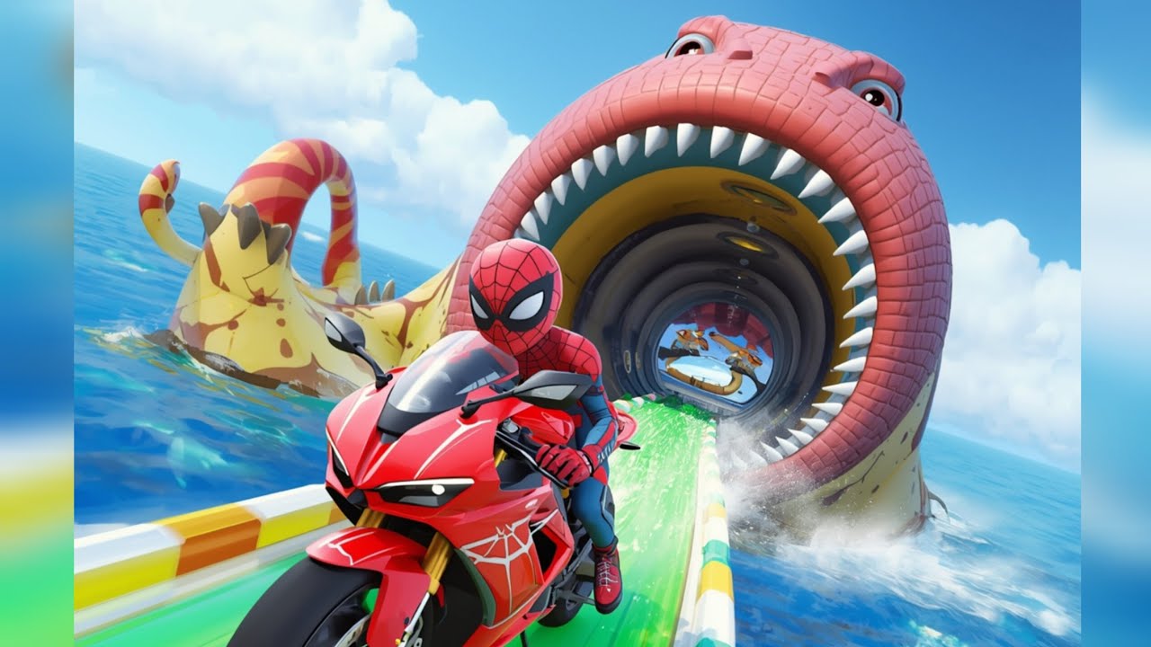 Spider man mega stunt bike Rider vs Sea Monster Tunnel 🏍️🌊 | Impossible Sky bike Game