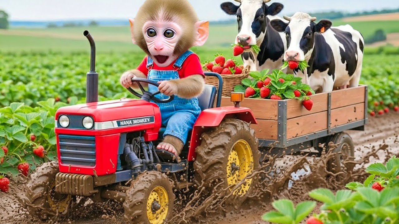 Monkey Nana drives a tractor to the garden to harvest giant tomatoes.