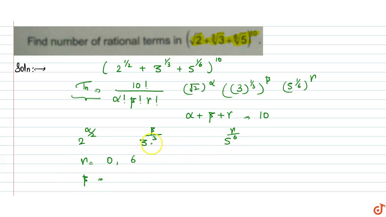 Find number of rational terms in `(sqrt2+3^(1/3)+5^(1/6))^10`