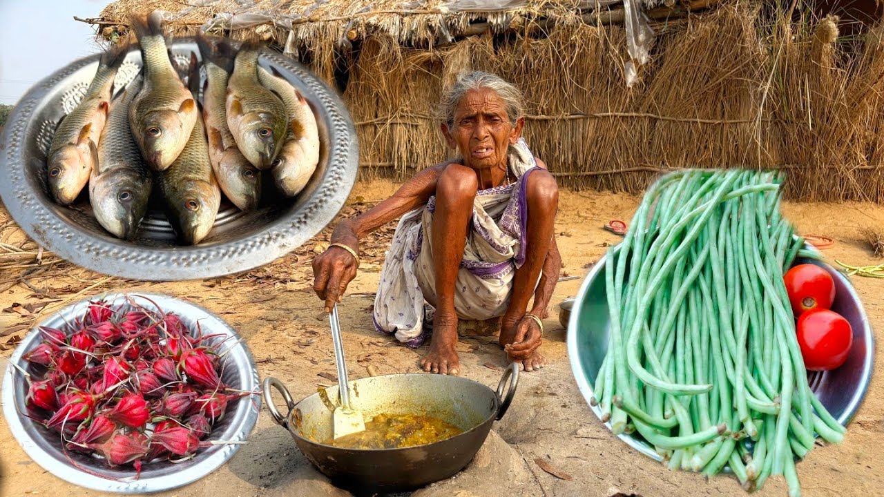 100 year old poor Grandma cooking FISH CURRY with Beans & Amru recipe and eating||Village Kitchen 