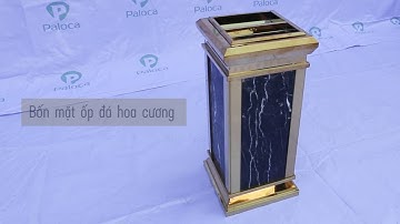 Thùng rác đá hoa cương có gạt tàn, cửa xả rác bên hông.