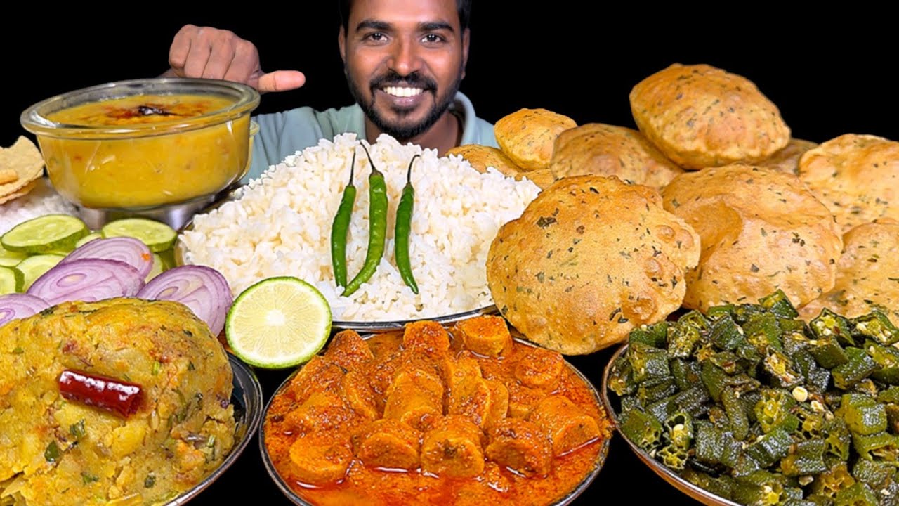 Eating Dal Chawal with Aloo Bharta | Methi Puri, Bhindi Bhaji, Gatte ki Sabji & Salad Mukbang