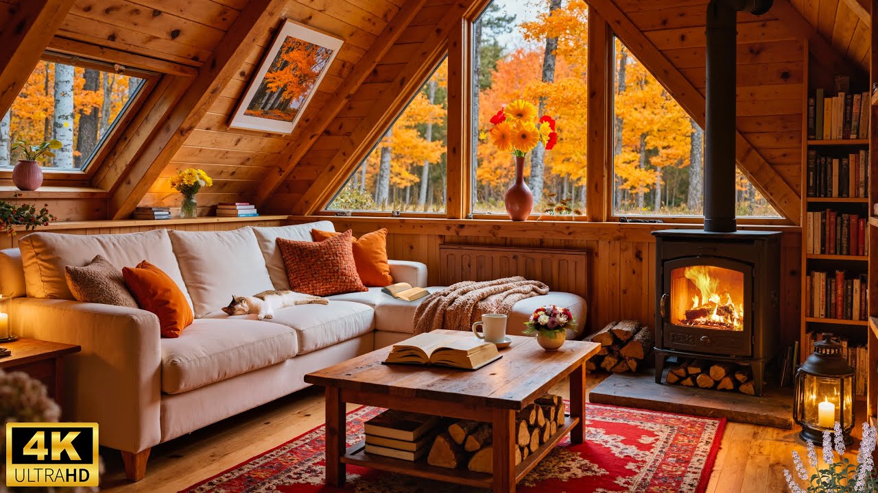 Autumn Forest Cabin Ambience - Gentle Piano Music & Cozy Fireplace ...