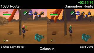 N64 MST 1080 Route vs Ganondoor Route Comparison
*This comparison is for N64 MST, not VC (Although I feel an Adult Ganondoor route can be faster than current route for VC as well)
Ganondoor route is 28 sec faster than 1080 route. Check this doc if youre interested in detail of both route (1080 route is sheet 2, Ganondoor route is sheet 3) : https://docs.google.com/spreadsheets/d/1CzkHUpx9kqeXHR22-8hDE612i2Kfi9xgiCRQNSHg0rw/edit?usp=sharing
(EDIT1) I found Ganondoor route Jabu equips can be optimized more and it skipped 1 pause at Zoras Domain after Jabu, it saves 1.5-2 sec. Also Adarax pointed that HESS is faster than using hookshot after Goron Shop to LW, it saves 0.5-1 sec. So Ganonodoor route is over 30 sec faster now even with Shadow HC.
(EDIT2) Using Dododongdoor makes Gannondoor route 13s faster: https://youtu.be/AOAy3cbevOs
But Dodongdoor route has some annoying part, so I think normal Ganondoor route is enough good for consistency.
I made both route in February 2018. At that time, 1080 route was faster already, furthermore, collapse skip after 1080 room was found. So 1080 route was much faster than Ganondoor route before. But we got new tricks: Ground Clip Boat Skip, Damage Ground Clip in Gohmas room and Collapse Skip after Ganondoor room (A.K.A. Rocks Collapse Skip). These tricks made Ganondoor route much faster and finally it became faster than 1080 route.
The main point of Ganondoor route is of course Rocks Collapse Skip after Deku Ganondoor. But another point is using In Game Time after LACS for Fire Arrows. LACS sets IGT to 3:59 AM (2aaa) and its right before morning. So for Fire Arrows, you dont need to watch Water CS for morning or dont need to be hurry in some areas where IGT advances like 1080 route. So often we call this route LACS FA route when we need to distinguish this route from another Ganondoor route.
I think basically LACS FA Ganondoor route is easier than 1080 route, but Spirit Jump and Fire Arrows after LACS is kinda tricky. So alternate route can be made.
(EDIT) I tested some route ideas. Most of them are slower than LACS FA Ganondoor route for now, but some of them can use for easier alternate route. Check route doc I pasted earlier if you interested in. (Btw getting ocarina was slower for Ganondoor route, so you dont need to waste time for WESS Escape%, thank you god: https://youtu.be/O4WzqcGGw_Y ) N64 MST 1080 Route vs Ganondoor Route Comparison