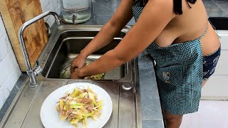 ✅Red curry Chicken with Flowers😋 Sexy Apron 😯 No bra