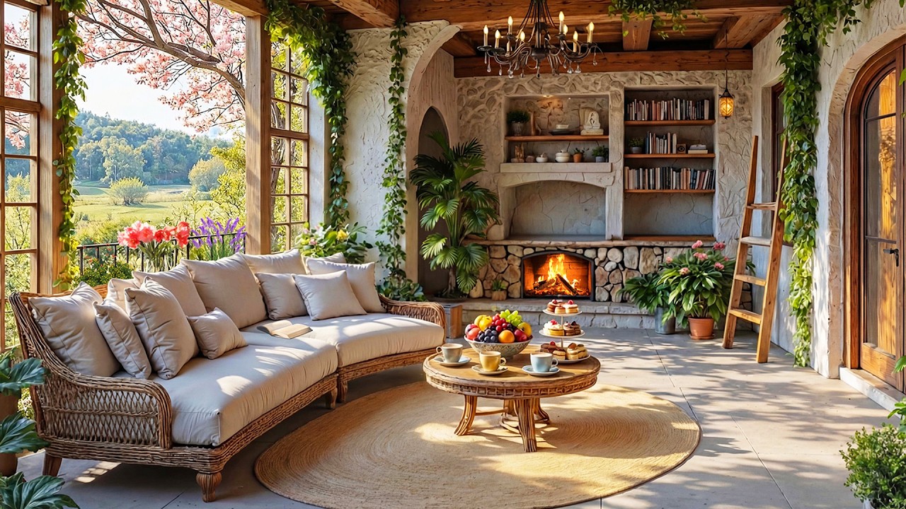 Спокойная фортепианная музыка в уютной весенней обстановке домика 🌺 | Звуки камина для релаксации