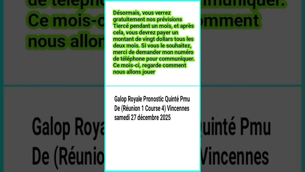 Galop Royale Pronostic Quinté Pmu De (Réunion 1 Course ) Vincennes - samedi 27 décembre 2025